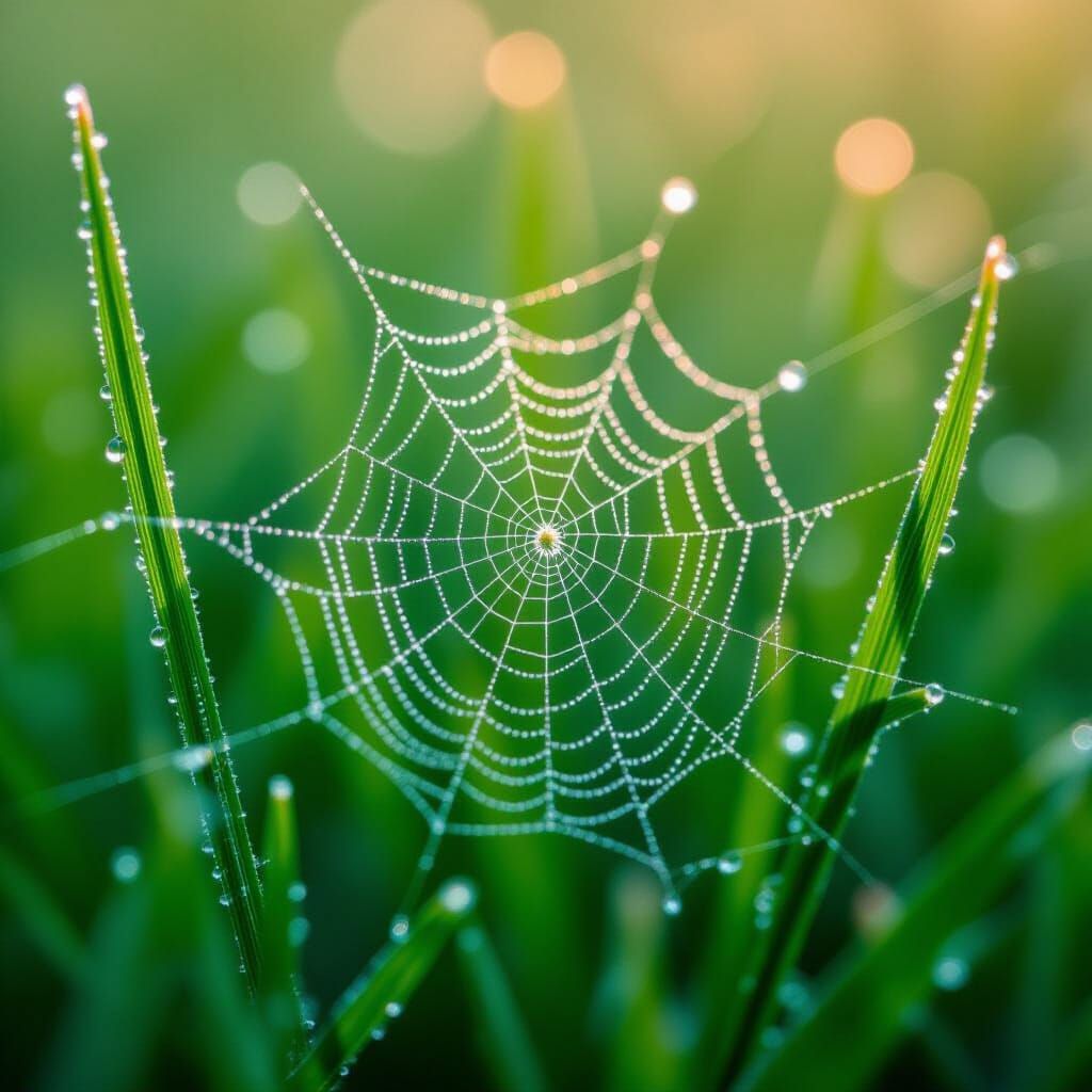 Hyperrealistic Spiderweb with Dew Drops and Vibrant Colors