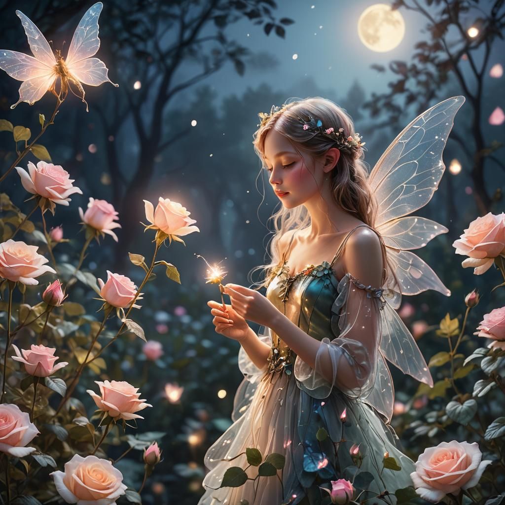 Moonlit Fairy Smelling a Rose in Dreamy Garden