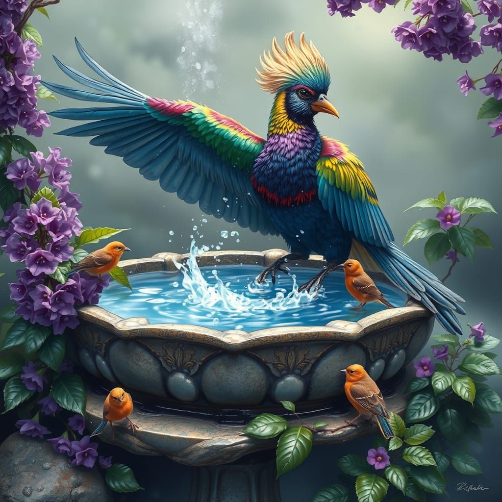 Vibrant Bird Takes Refreshing Bath in Stone Basin