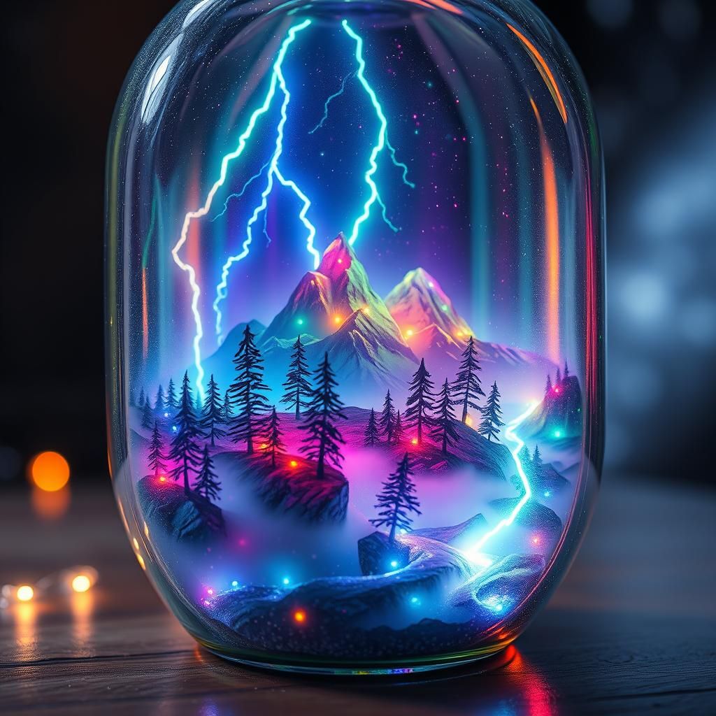 Glowing Dreamlike World Inside Glass Bottle in 8K