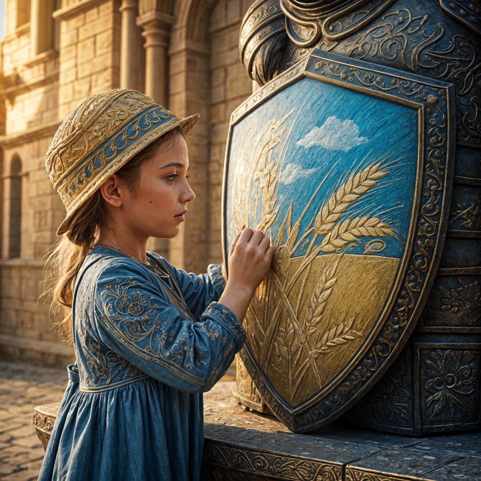 Girl's Chalk Art on Medieval Knight Statue
