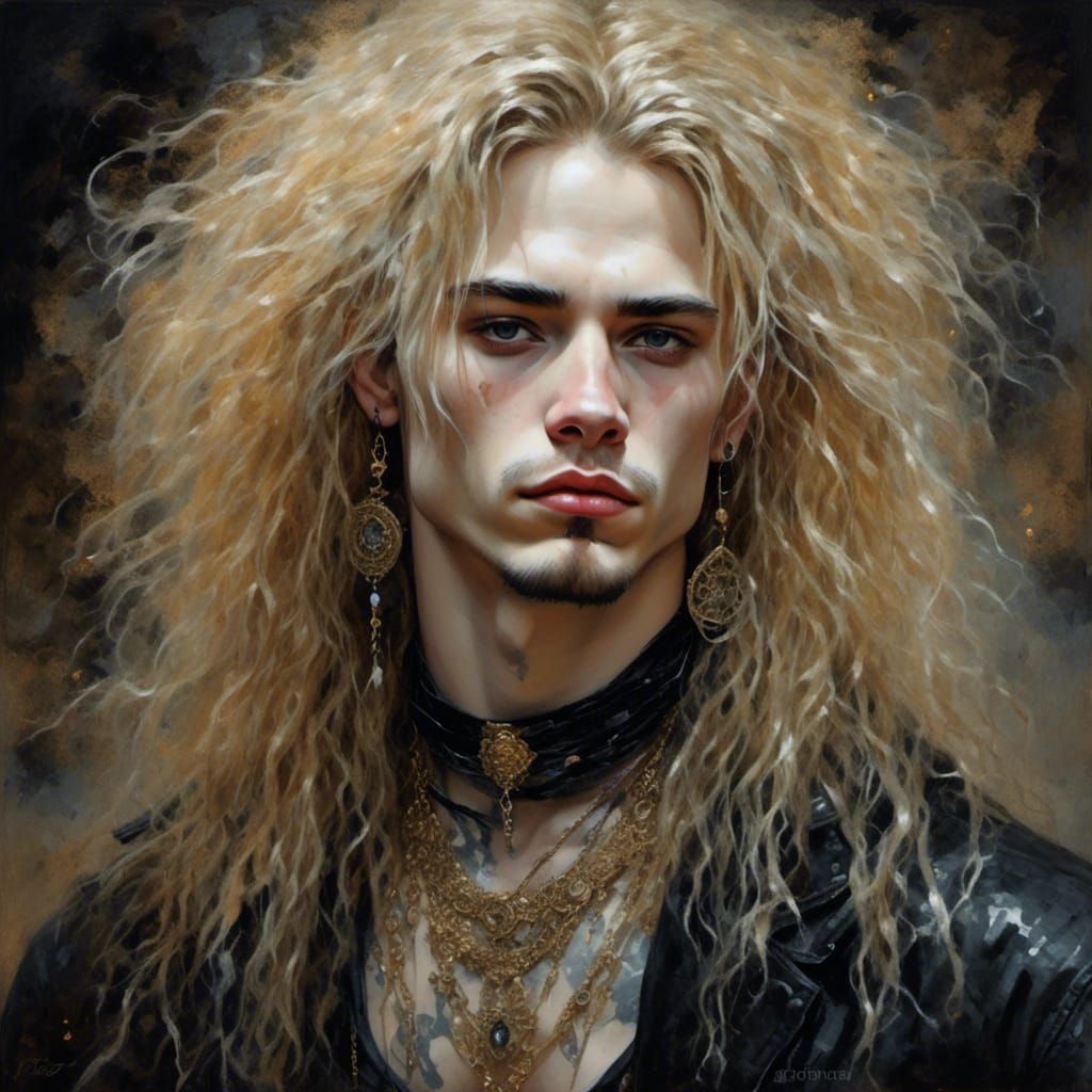 Luminous Goth Man with Golden Hair in Watercolor