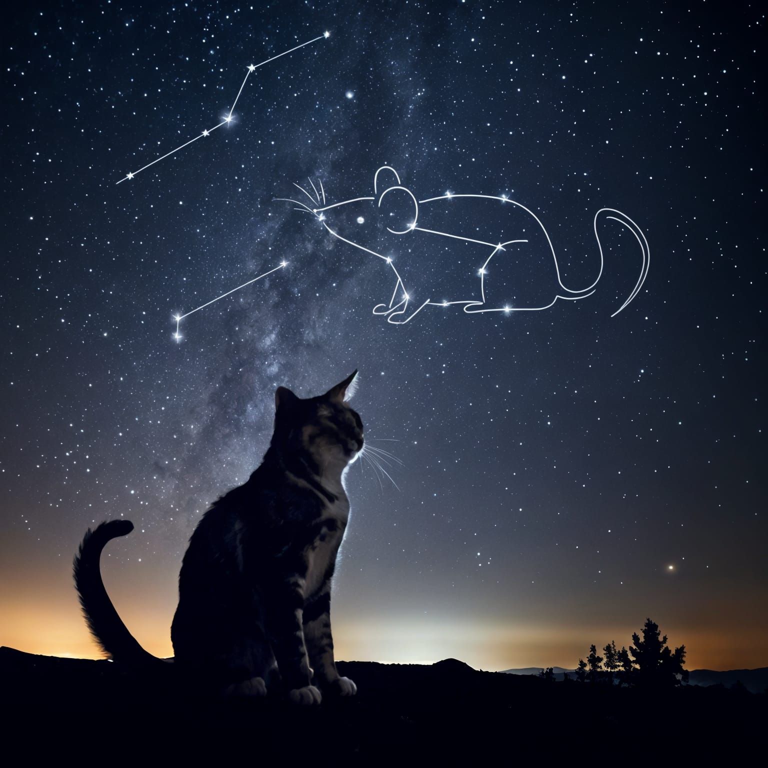 Cat Watches Mouse Constellation in Night Sky