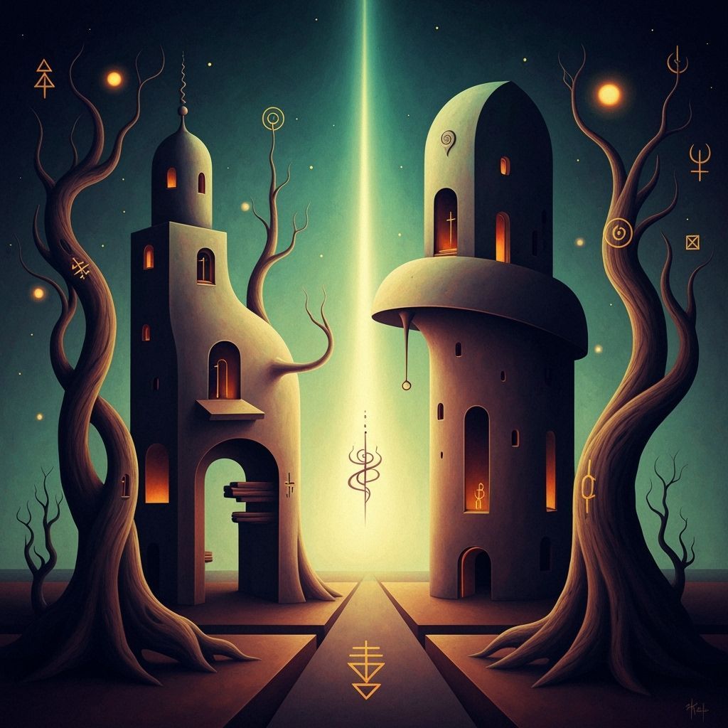 Surreal Figure Amidst Towering Abstract Structures