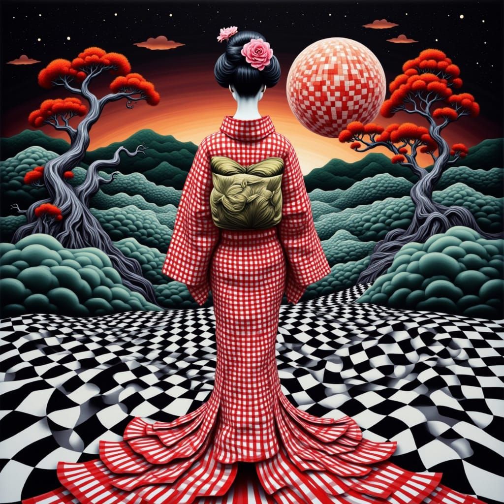 Geisha in Gingham Kimono Against Fractal Landscape