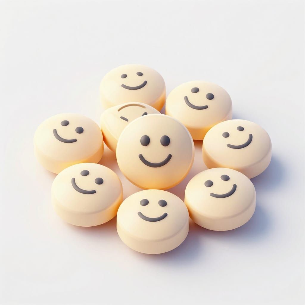 Cheerful Smiley Face Pills on White Surface