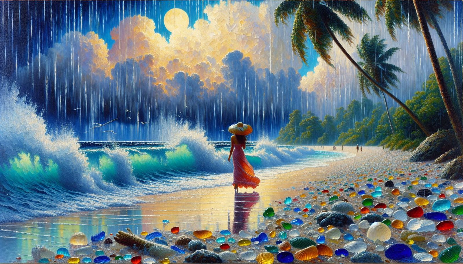 hard pouring rain beautiful woman strolling on a tropical beach thunderstorm moonlit night lightning clear blue water br...