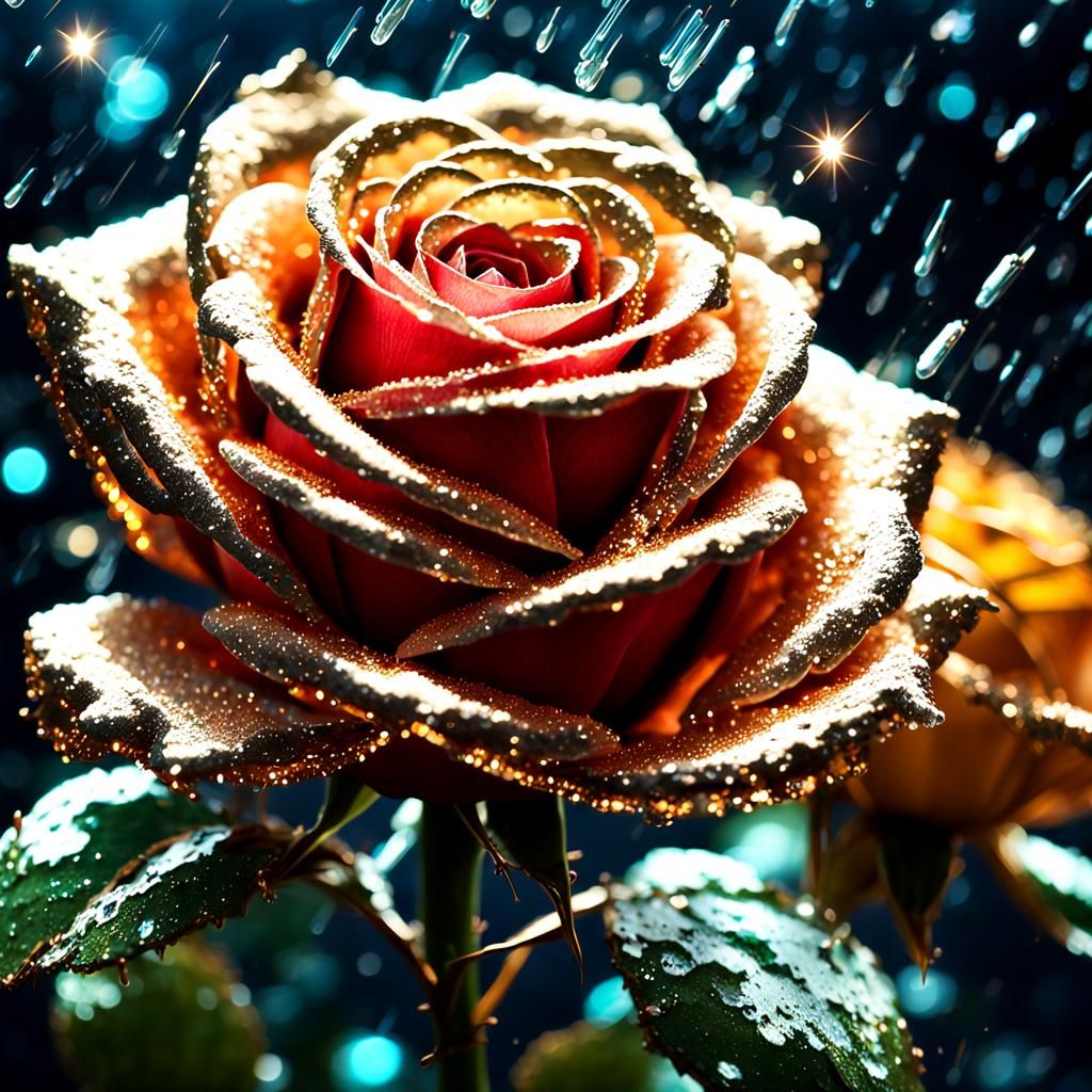 Bioluminescent Crystal Rose with Golden Glitter Rain