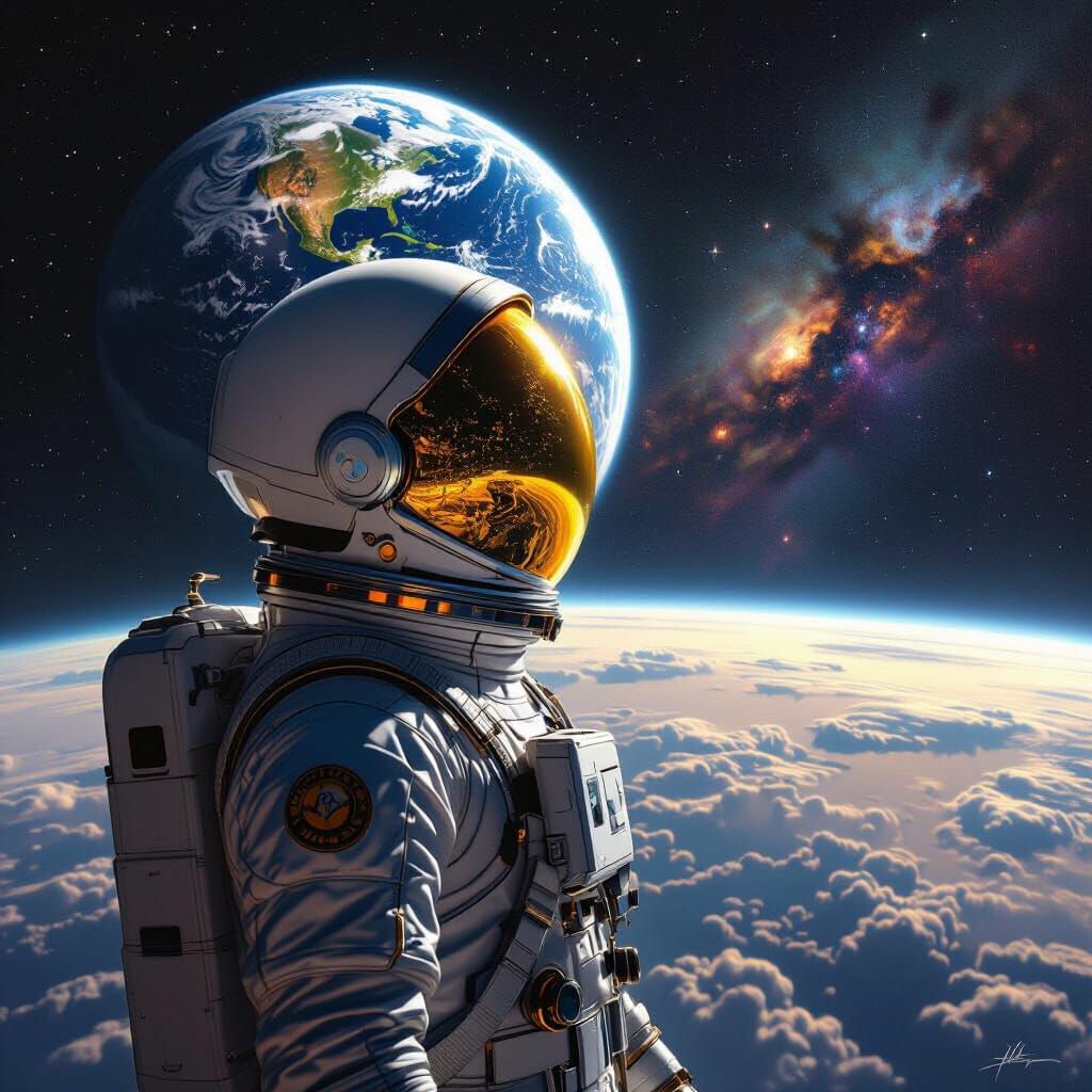 Astronaut Contemplates Earth from Space in Digital Art