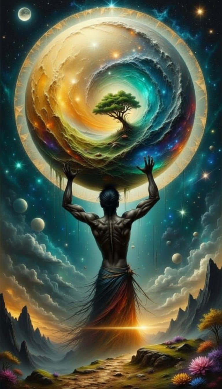 Atlas God Holds Fragile Earth in Dreamlike Celestial Style