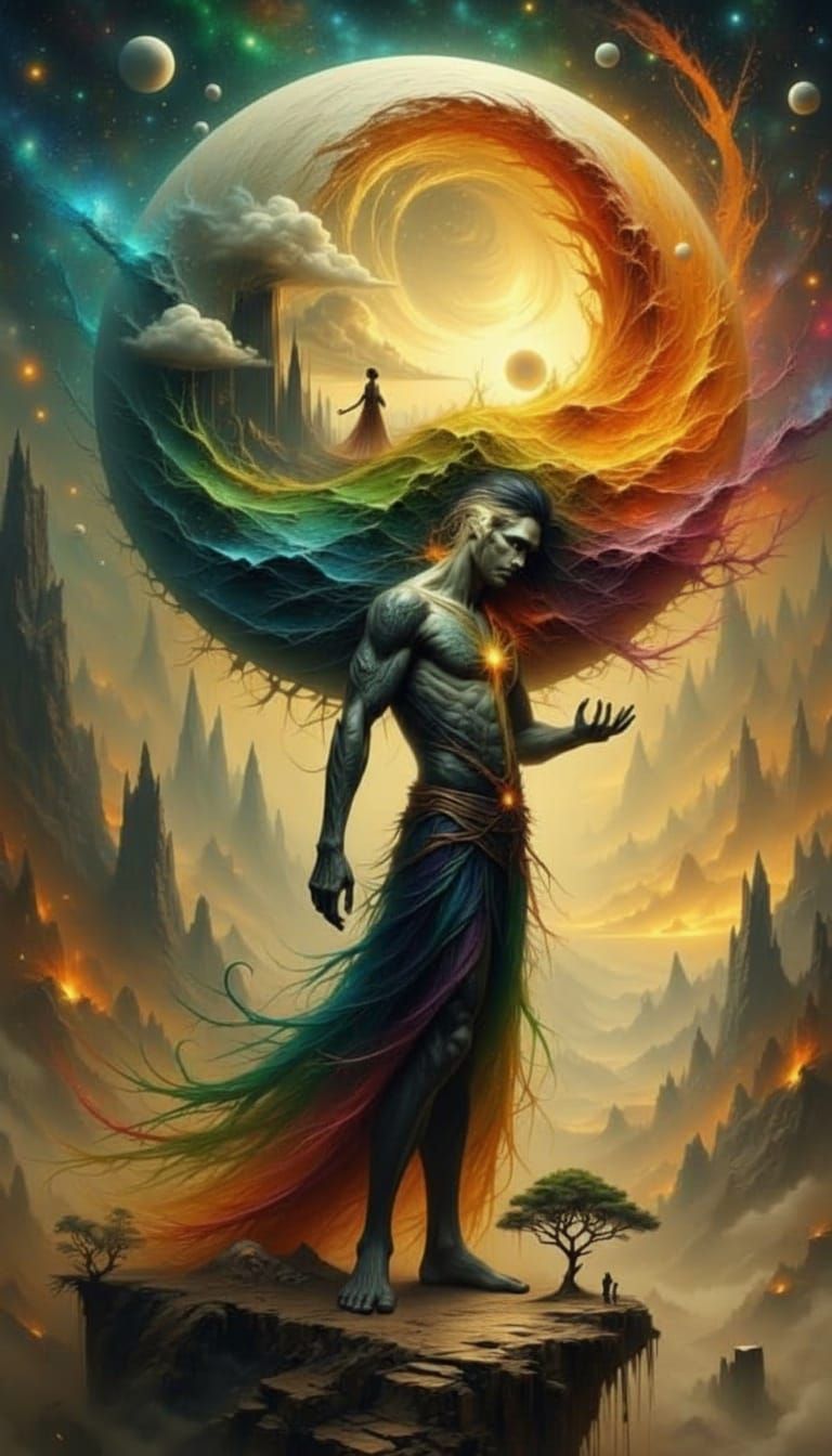 God Atlas Holding Fragile Earth in Dreamlike Style