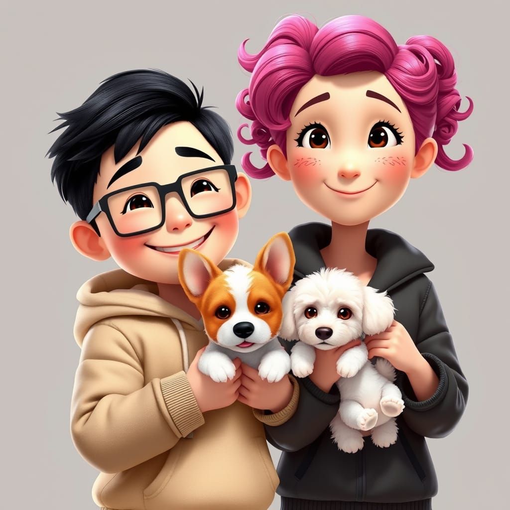 Joyful Asian Boy and Girl with Pets in Whimsical Computer-Ge...
