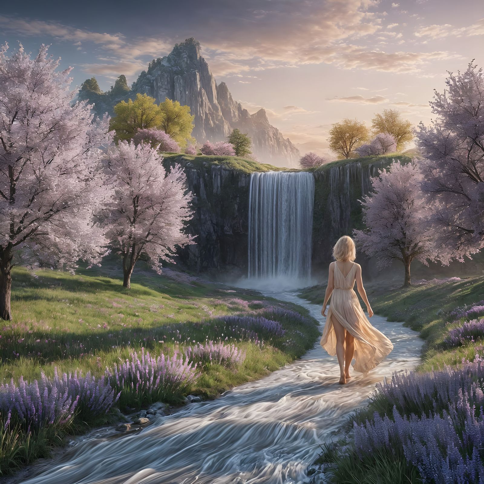 Hyperrealistic Spring Landscape with Waterfall and Elegant W...