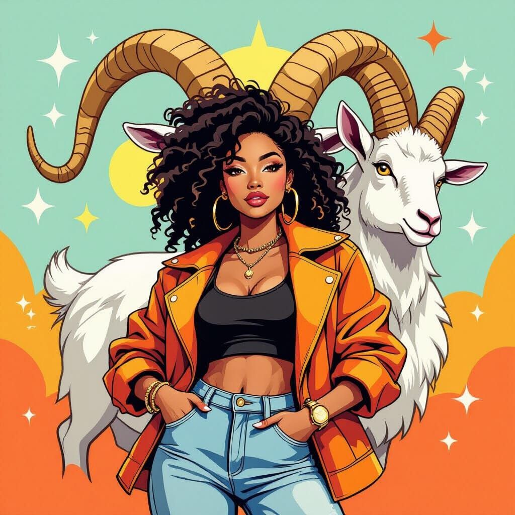 Trendy Woman with Capricorn Backdrop, Cartoon Style