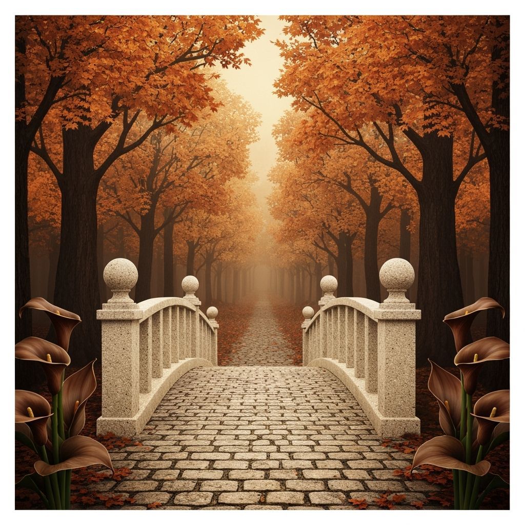 Whimsical Autumn Bridge in Surreal Maple Forest