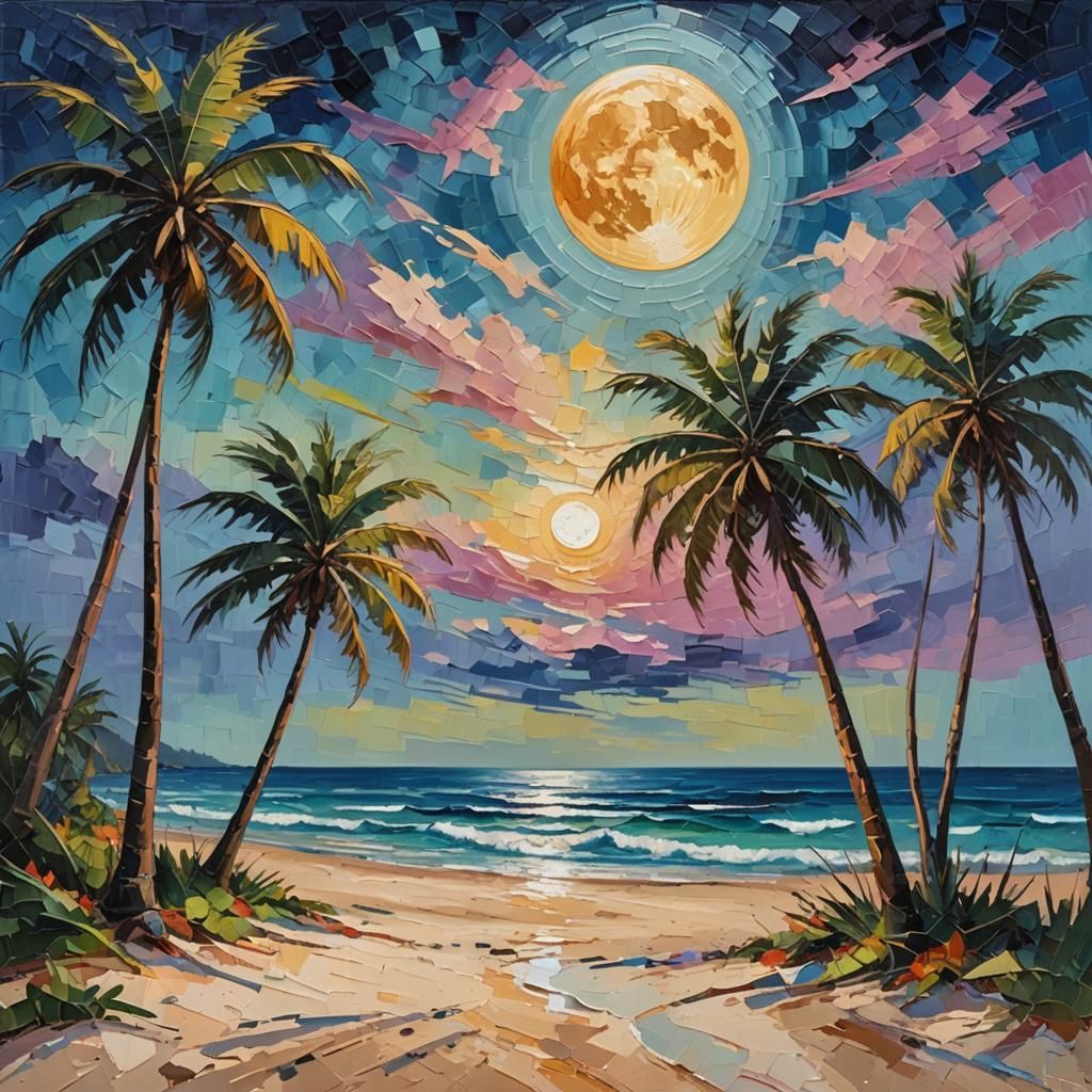 Moonlit Beach: Neo-Impressionist Oil Painting