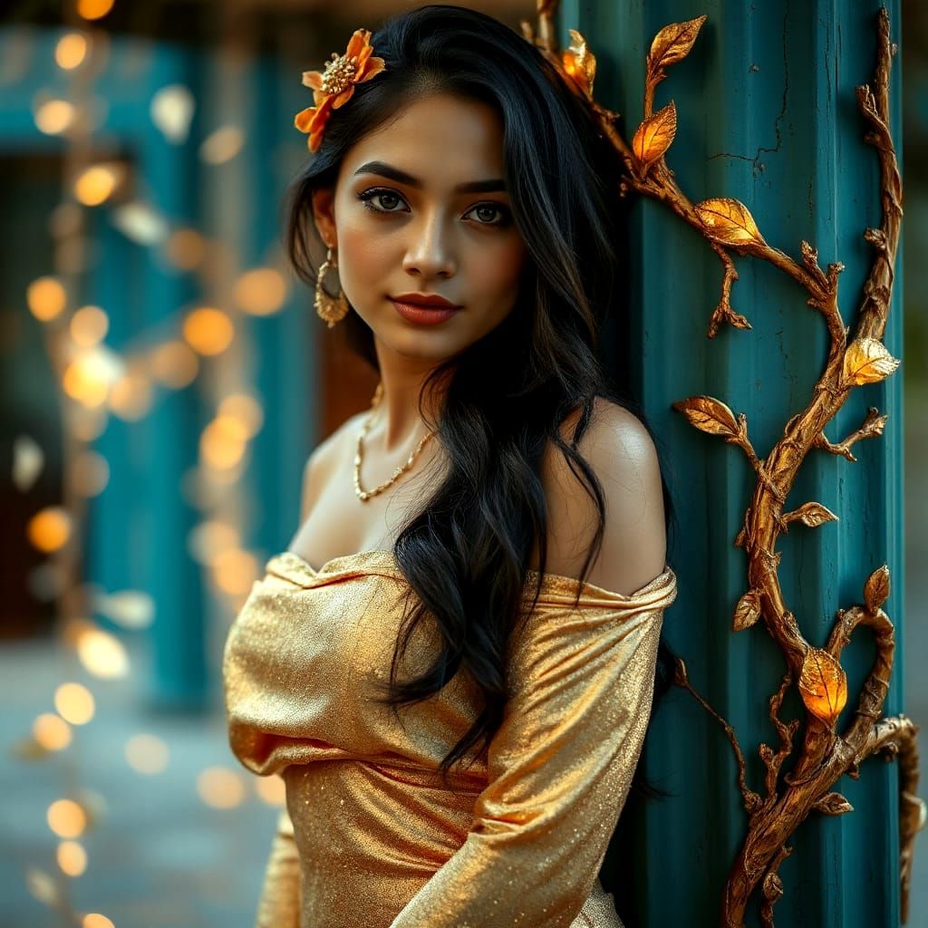 Ethereal Latina Woman in Golden Alcove
