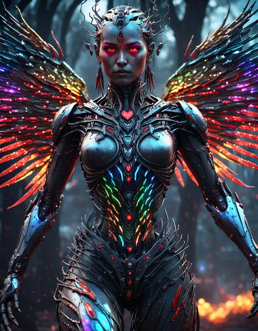 Striking Indian Goddess with Rainbow Lighting and Wings