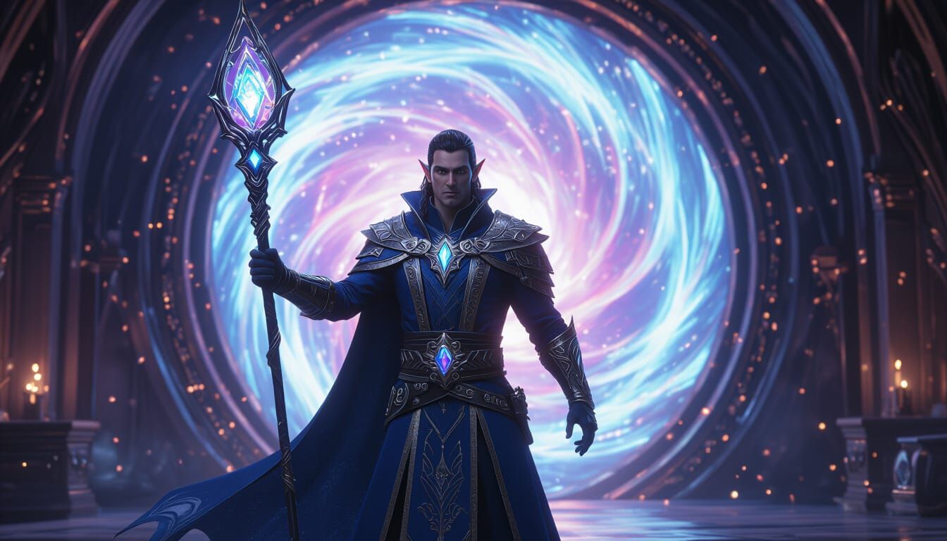 Ethereal Elf Wizard With Glowing Staff Before Magical Portal