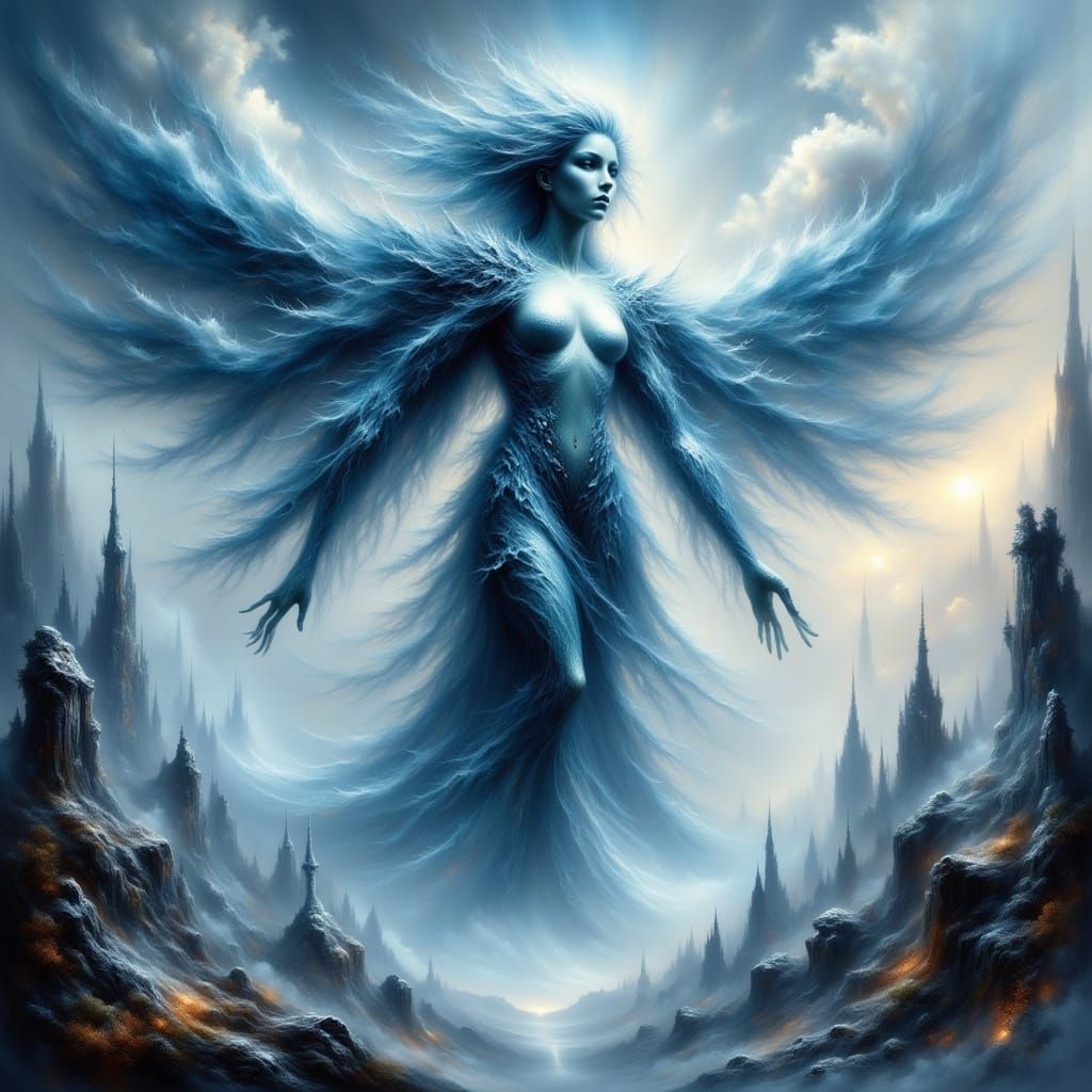 Ethereal Air Giant Towers Over Futuristic Cityscape