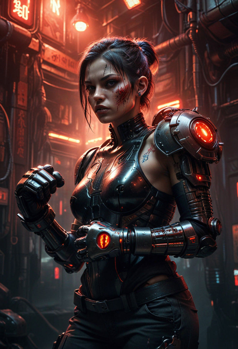 Cyberpunk Woman with Robotic Arm and Gritty Tattoos