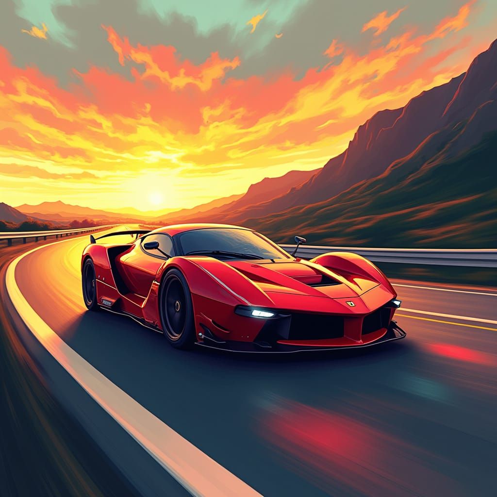 Racing Ferrari Speeds Down Italian Highway at Sunset