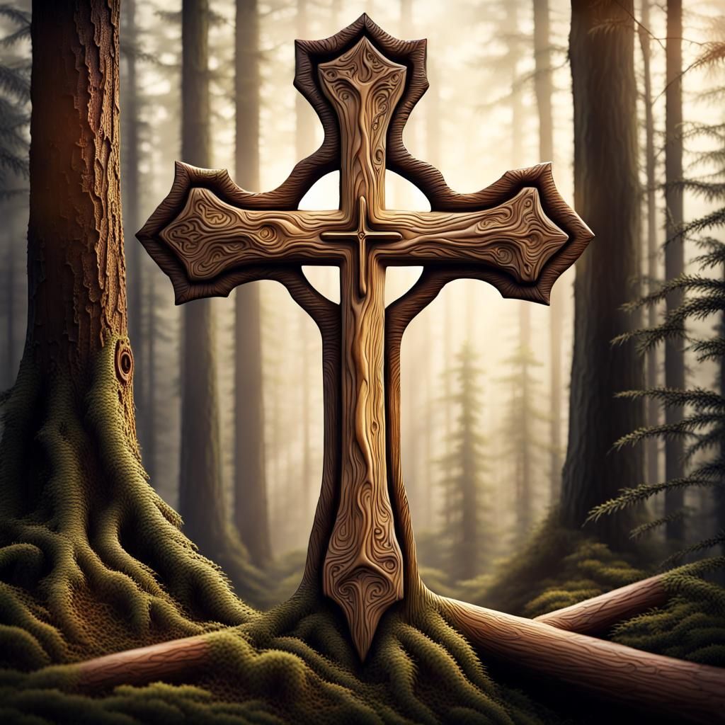 Intricate Wooden Cross in Atmospheric Forest Setting