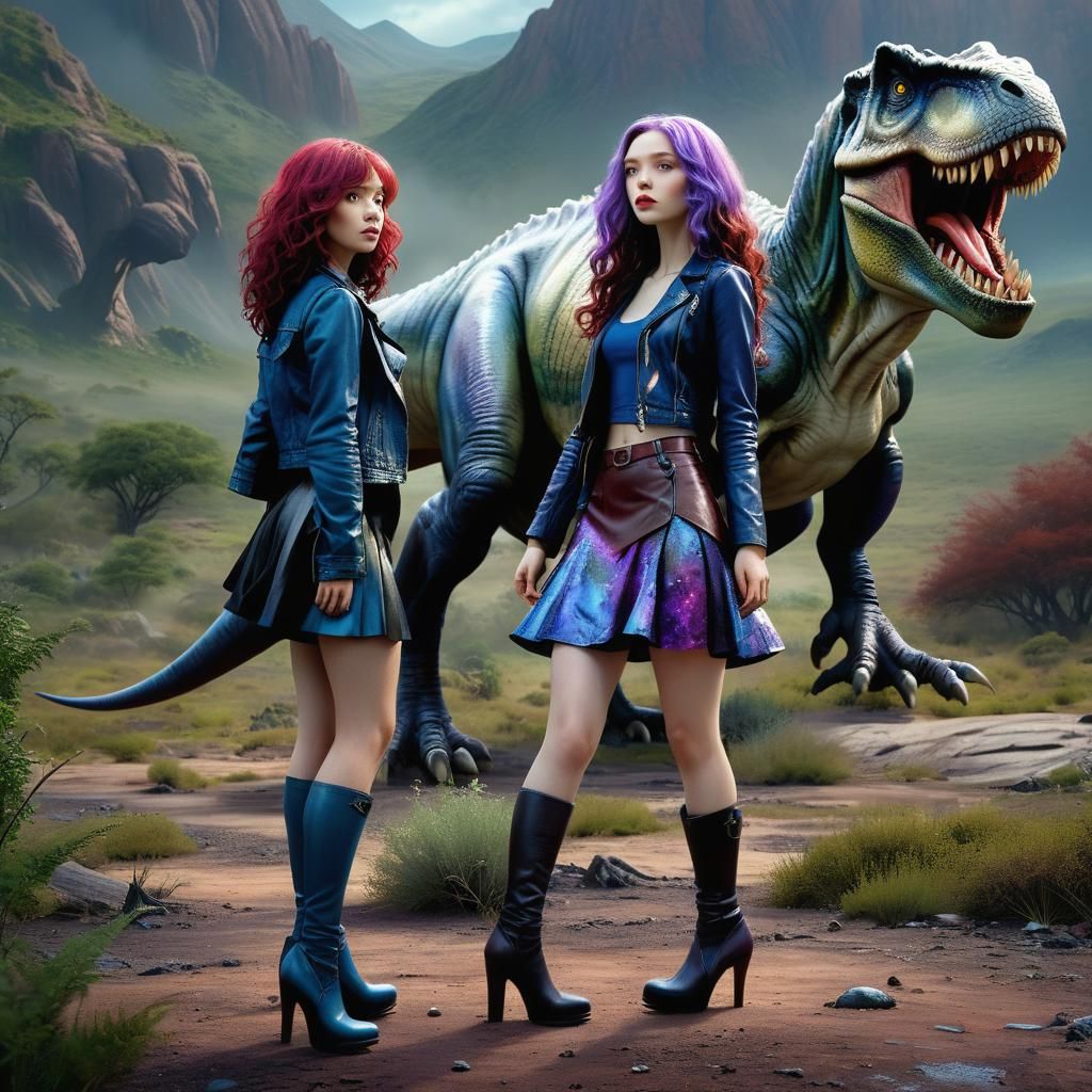 Woman with Dinosaur in Fantasy Landscape