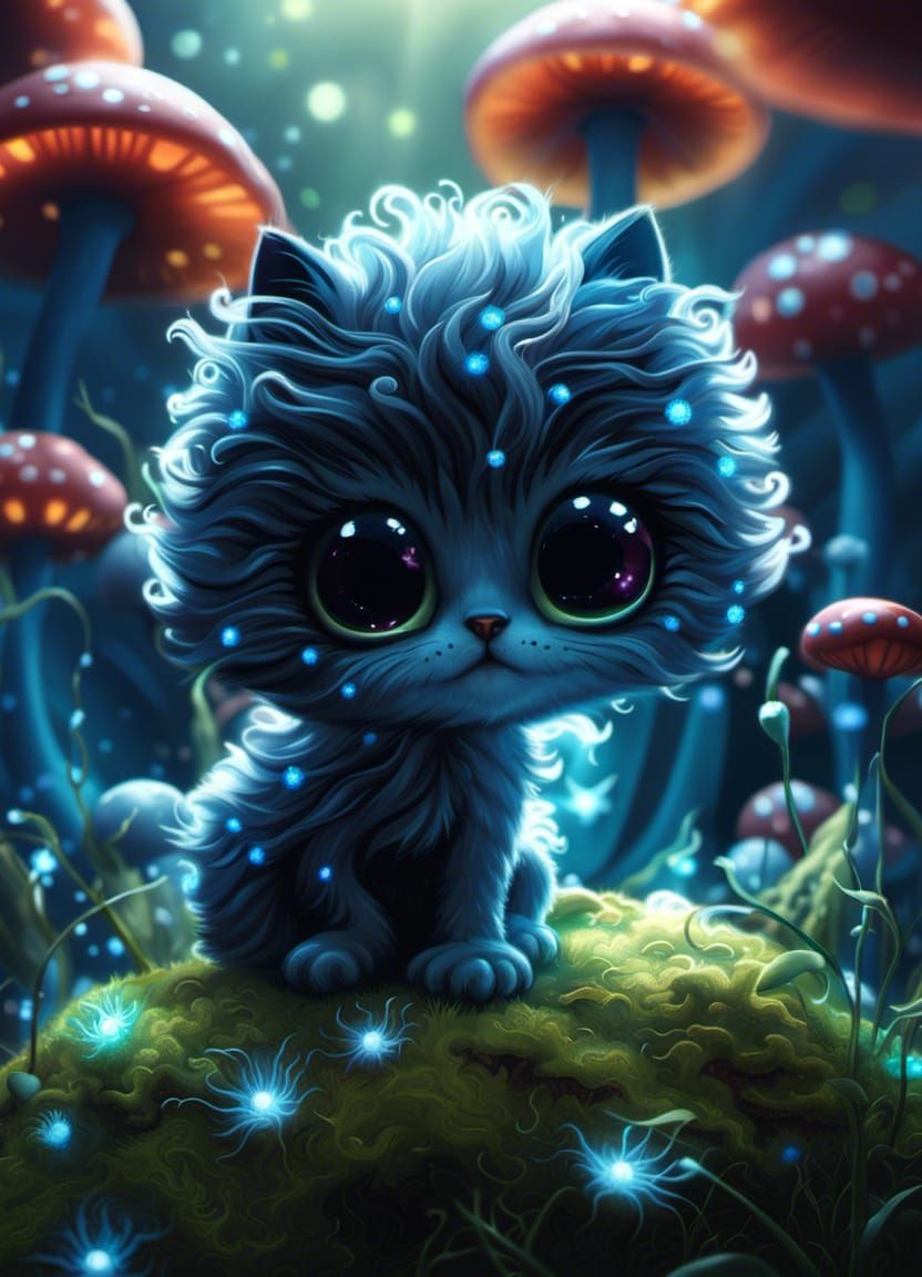 Symbiote Kitten Constellation on Luminescent Mushrooms, 3D R...