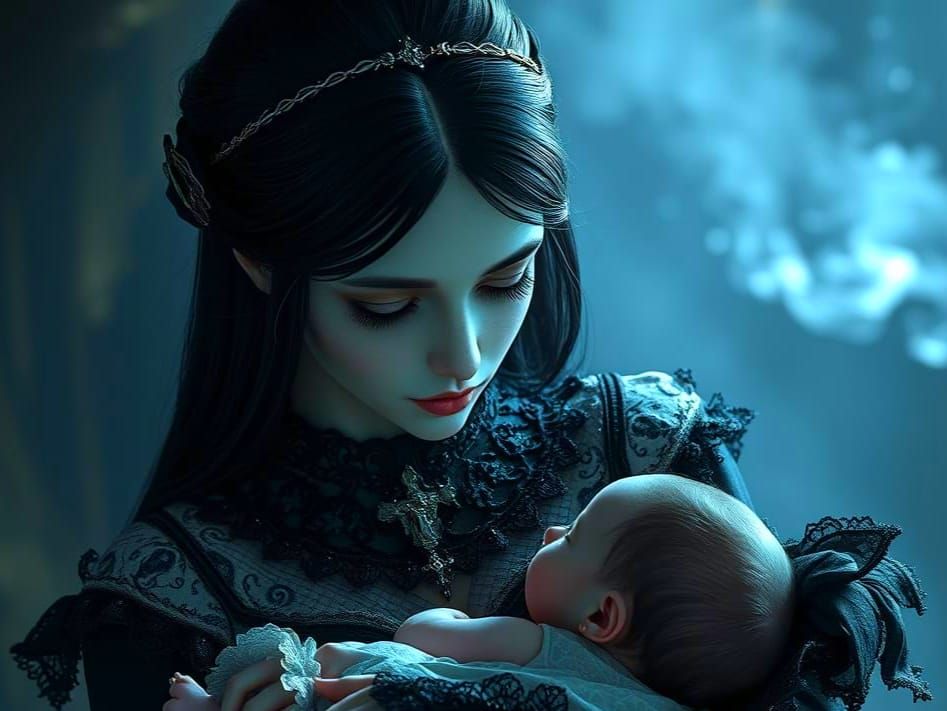 Gothic Mother and Newborn in Hyper-Realistic Style