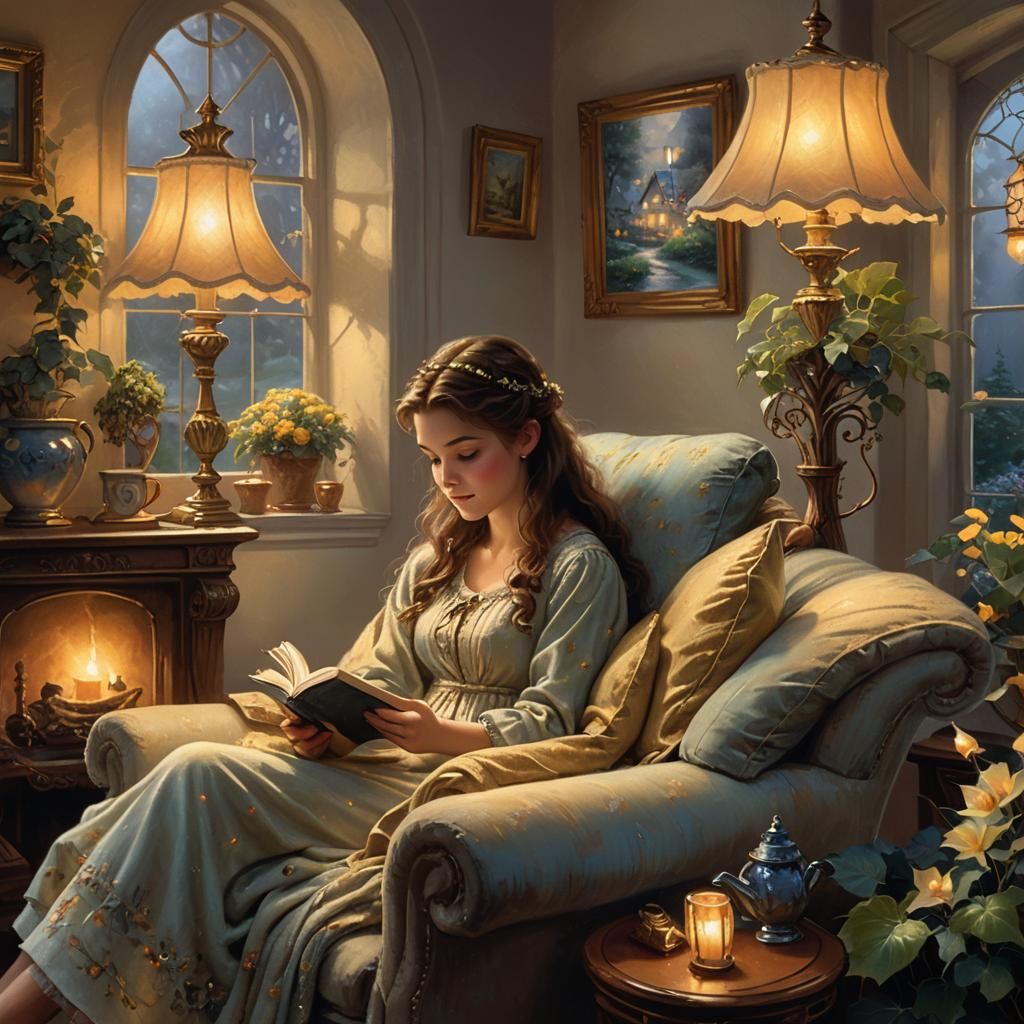 Cozy Cottage Girl Reading in Dreamy Candlelight