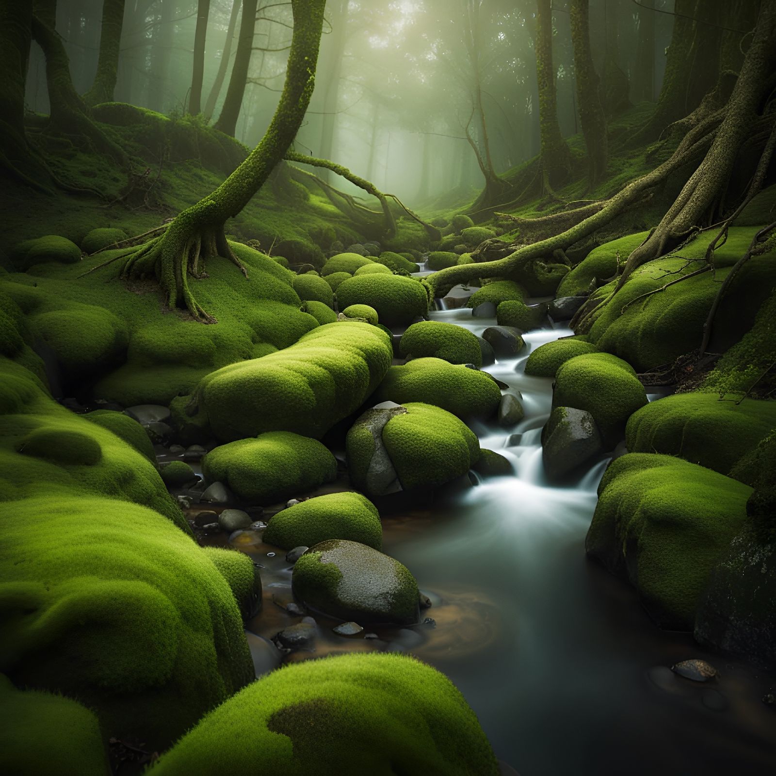 Mystical Foggy Forest with Mossy Stream