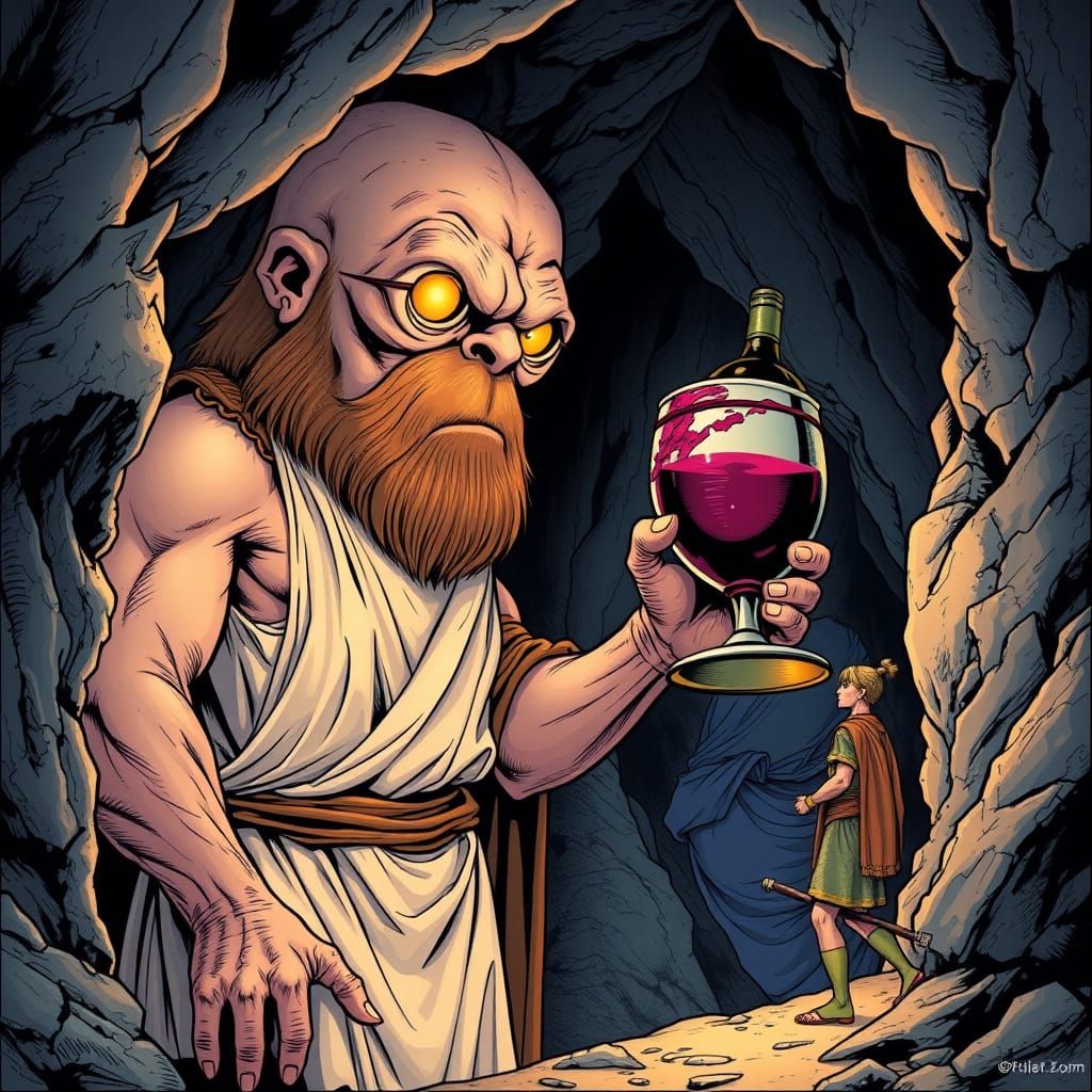 Ancient Greek Explorer Meets Cyclops in Dimly Lit Cave, Illu...