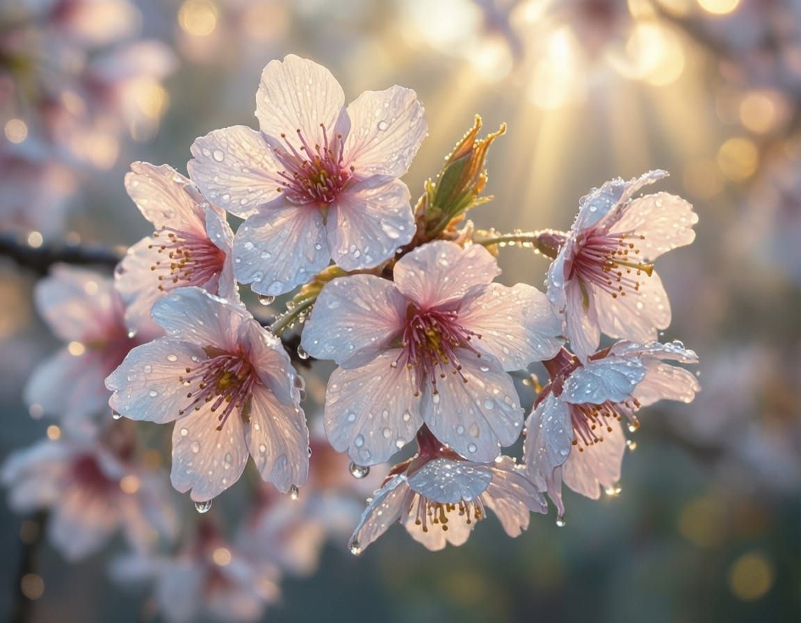 Sparkling Cherry Blossoms After Rain in Soft Light