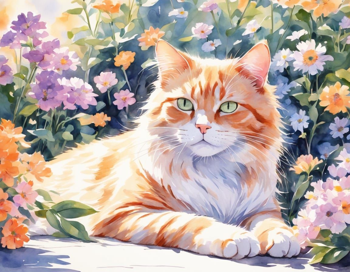 Vibrant Watercolor Cat Basks in Sunlit Garden