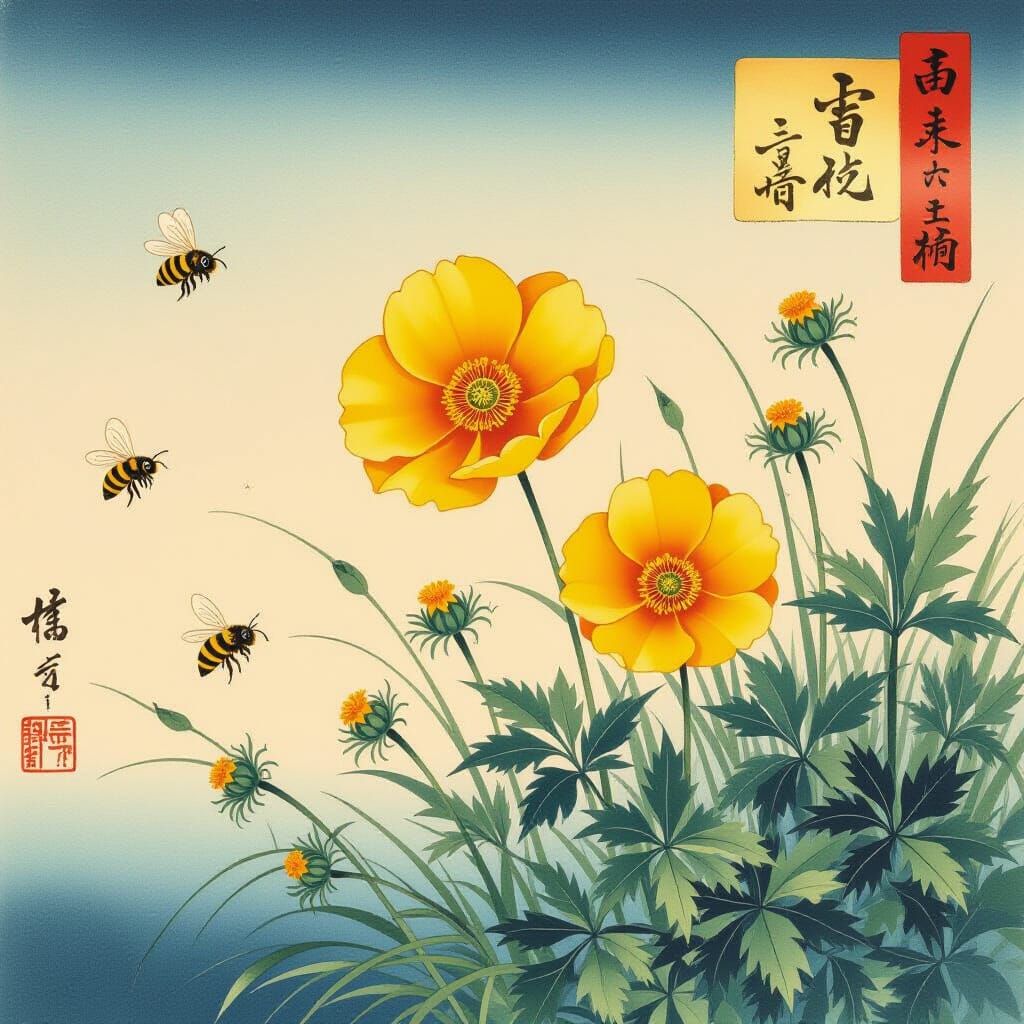 Shepherd's-Purse in Breeze: Japanese Ink Splash Art