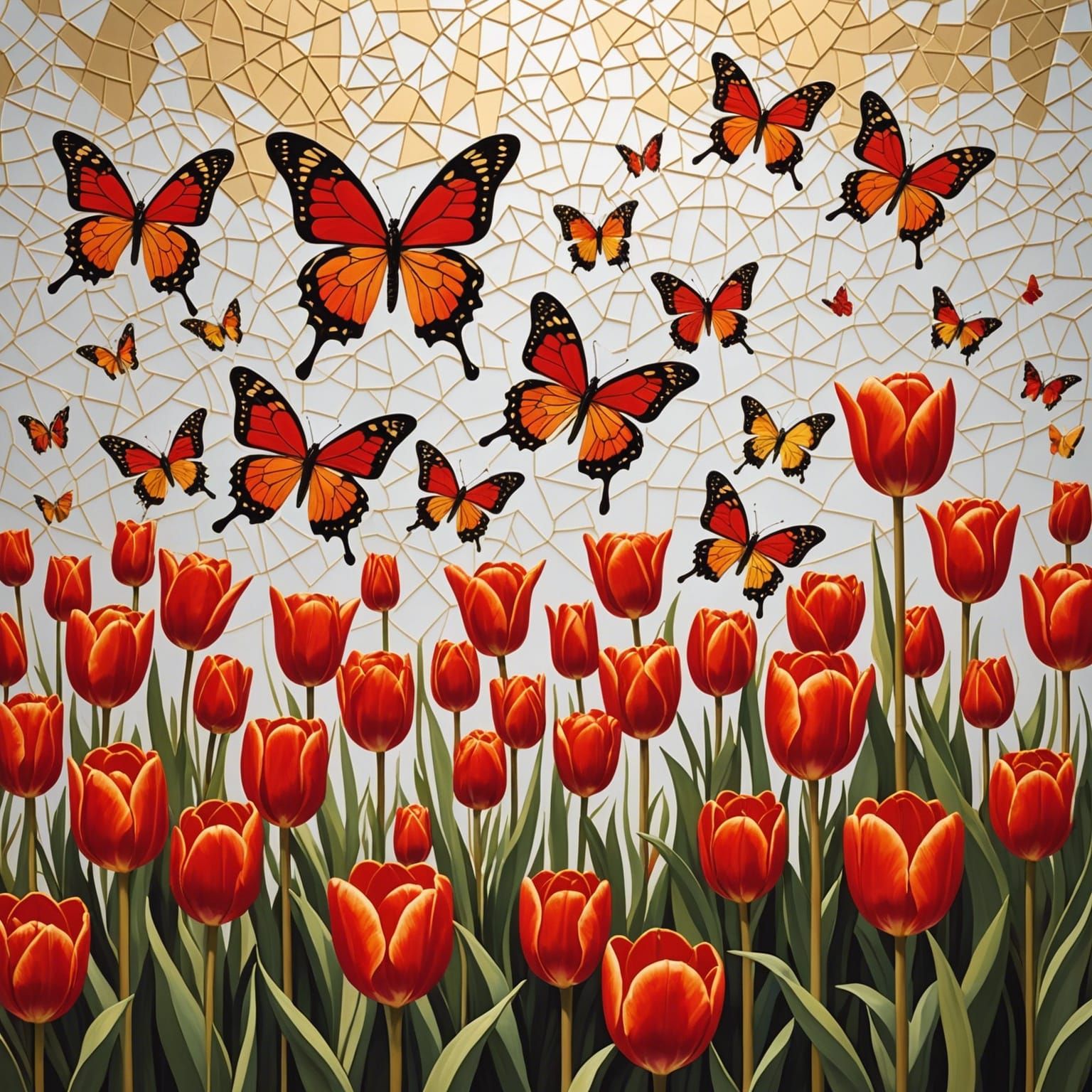 Elegant Butterflies and Tulips in Abstract Cubism Style