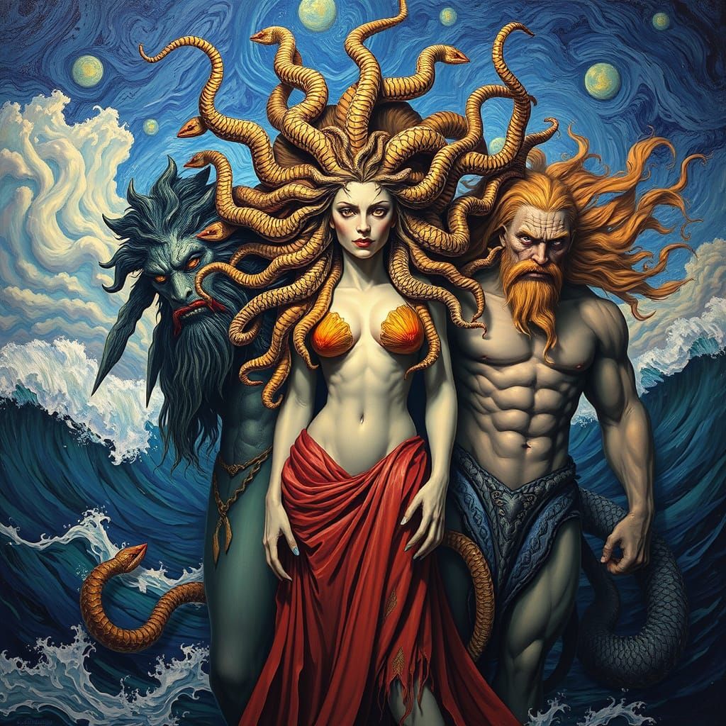 Gorgon Sisters and Sea Gods: Oil Painting