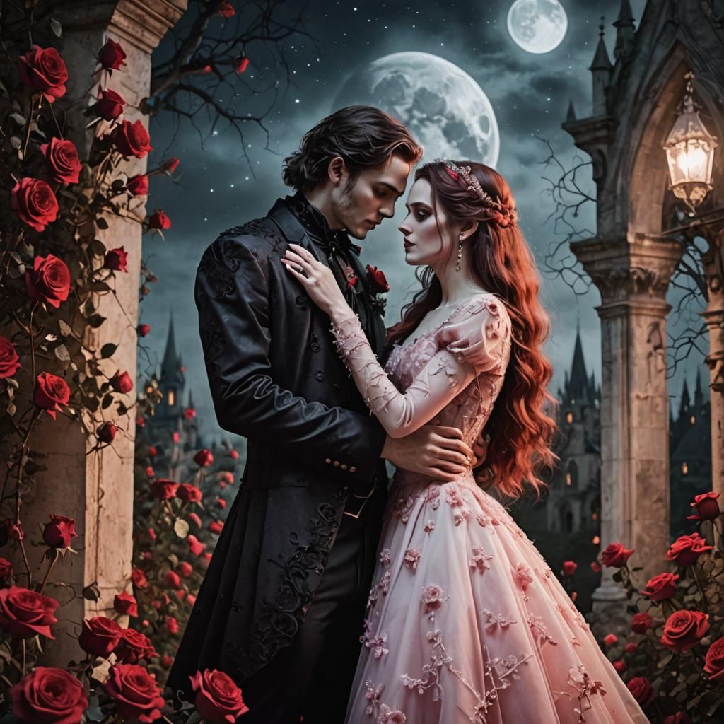 Gothic Wedding with Crimson Roses in Moonlight