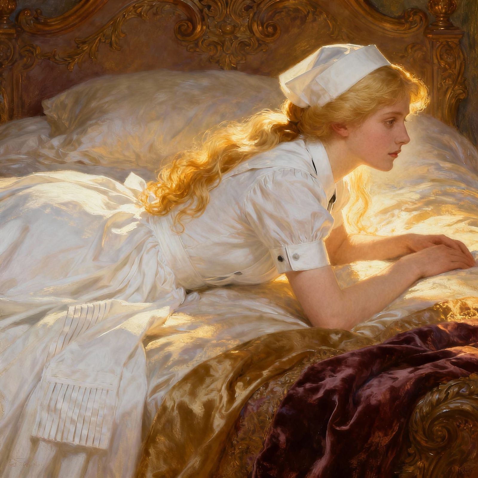 Pre-Raphaelite Handmaiden on Luxurious Bed
