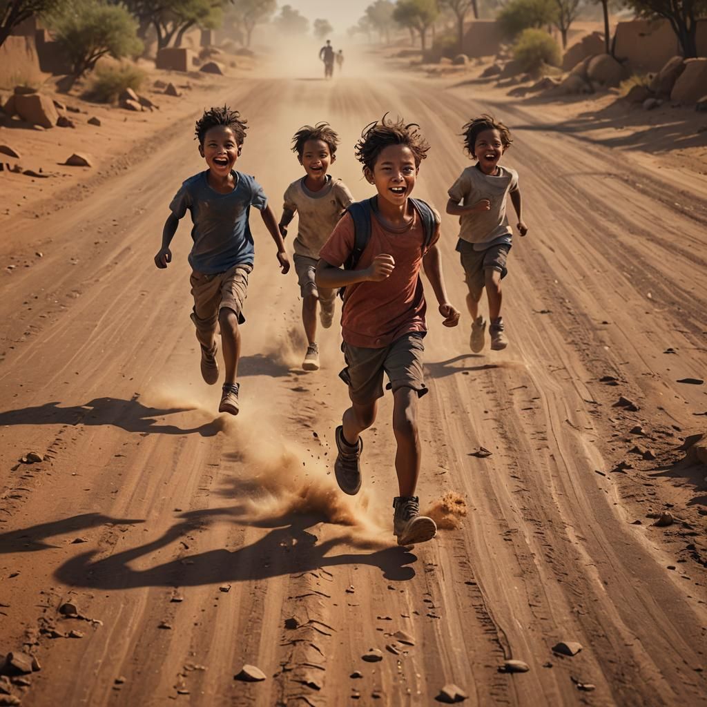 Hyperrealistic Kids Running on Dusty Road