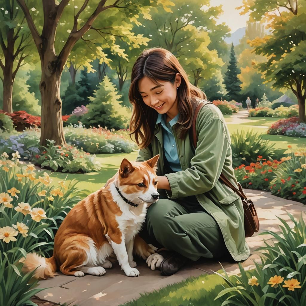 Tender Moment: Person and Animal in Serene Garden