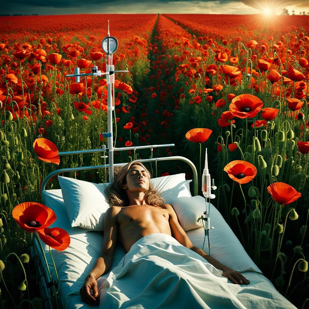 Hospital Bed in Poppy Field: Surreal Dreamscape