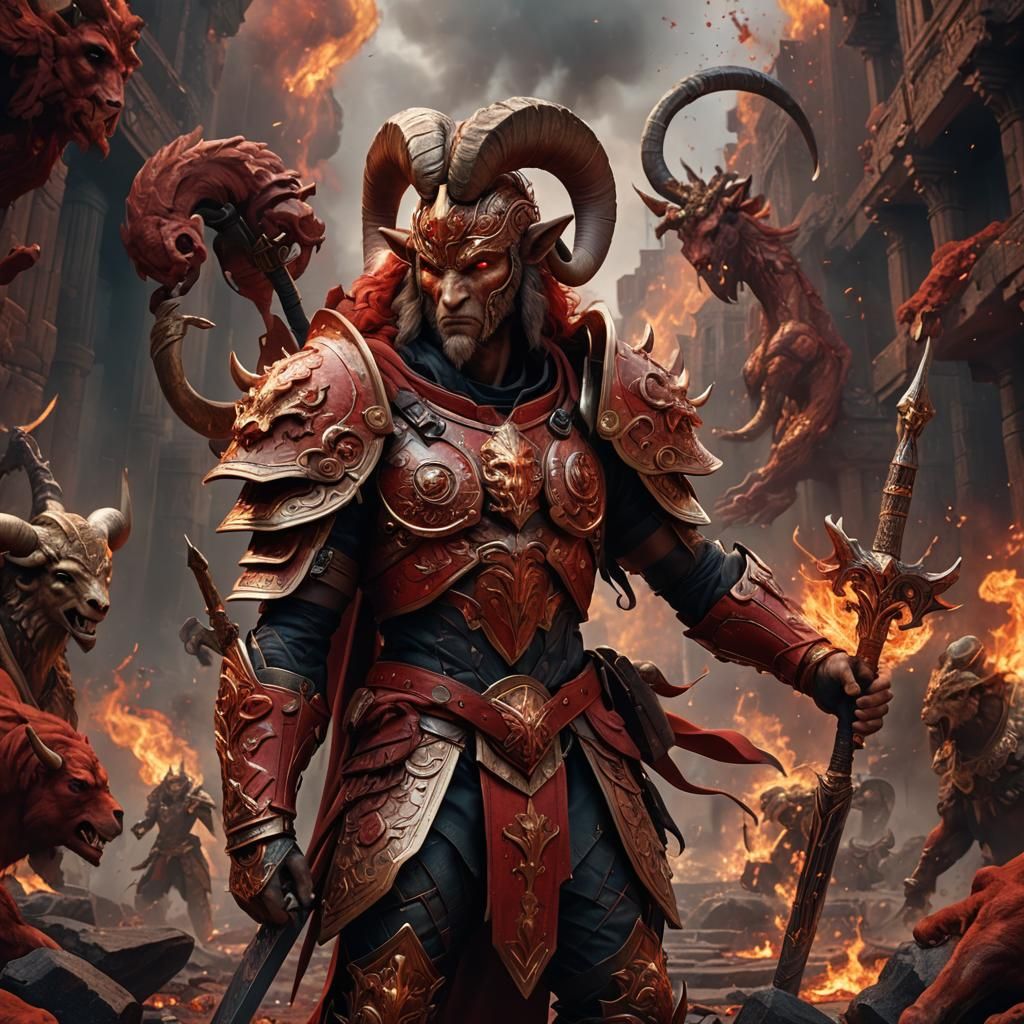 Aries Warrior in Fire Red: Detailed Matte Painting