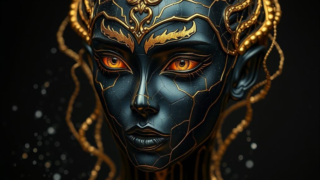 Ethereal Metal Being in Polished Onyx and Liquid Gold