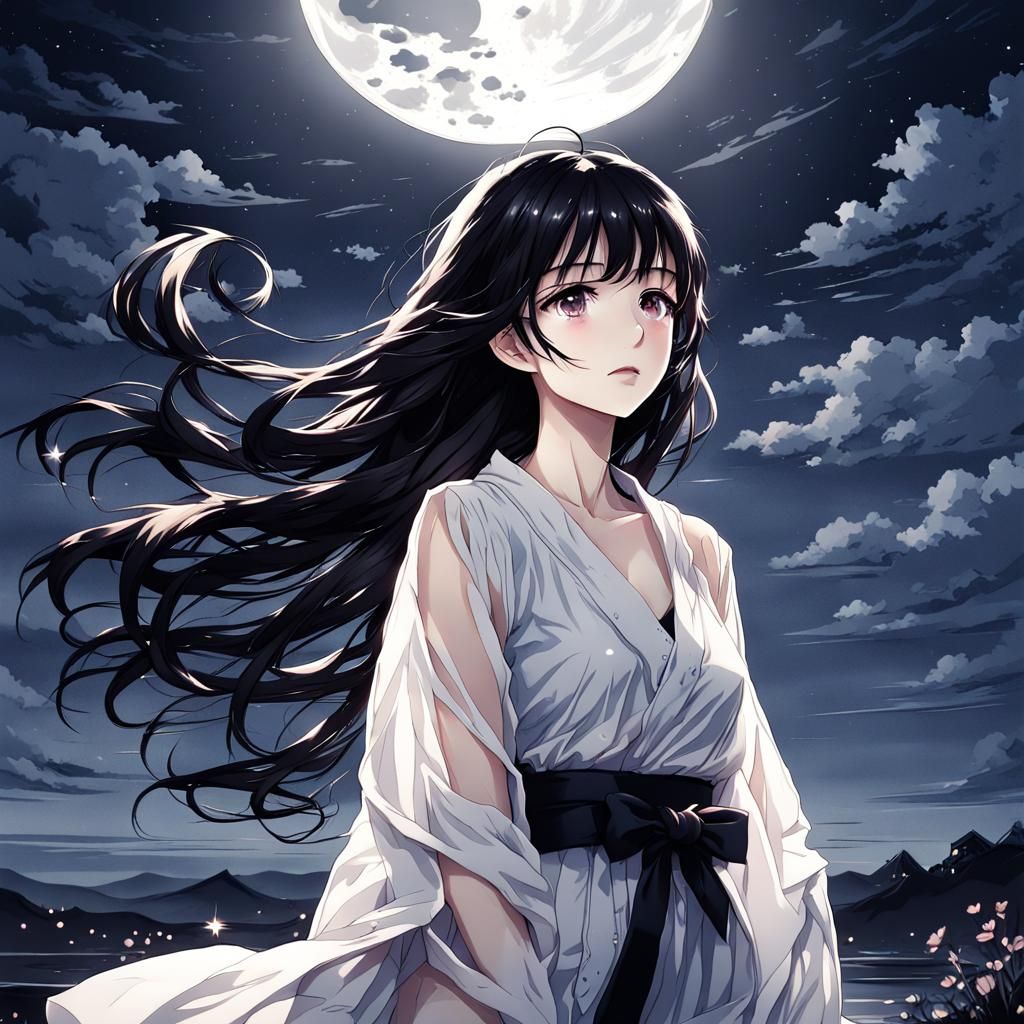 Anime Style: Black-Haired Woman Under Moonlight