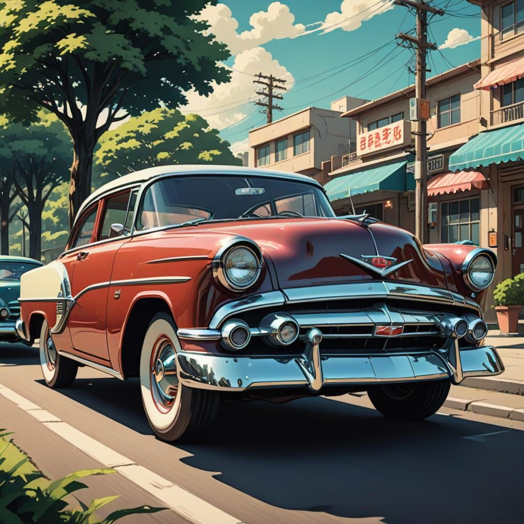 Vintage Car in Anime Style, Cel-Shaded
