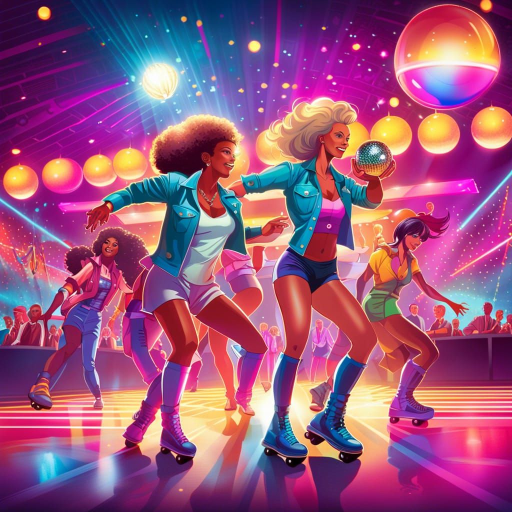 Energetic Roller Disco Scene with Retro Arcade Machines