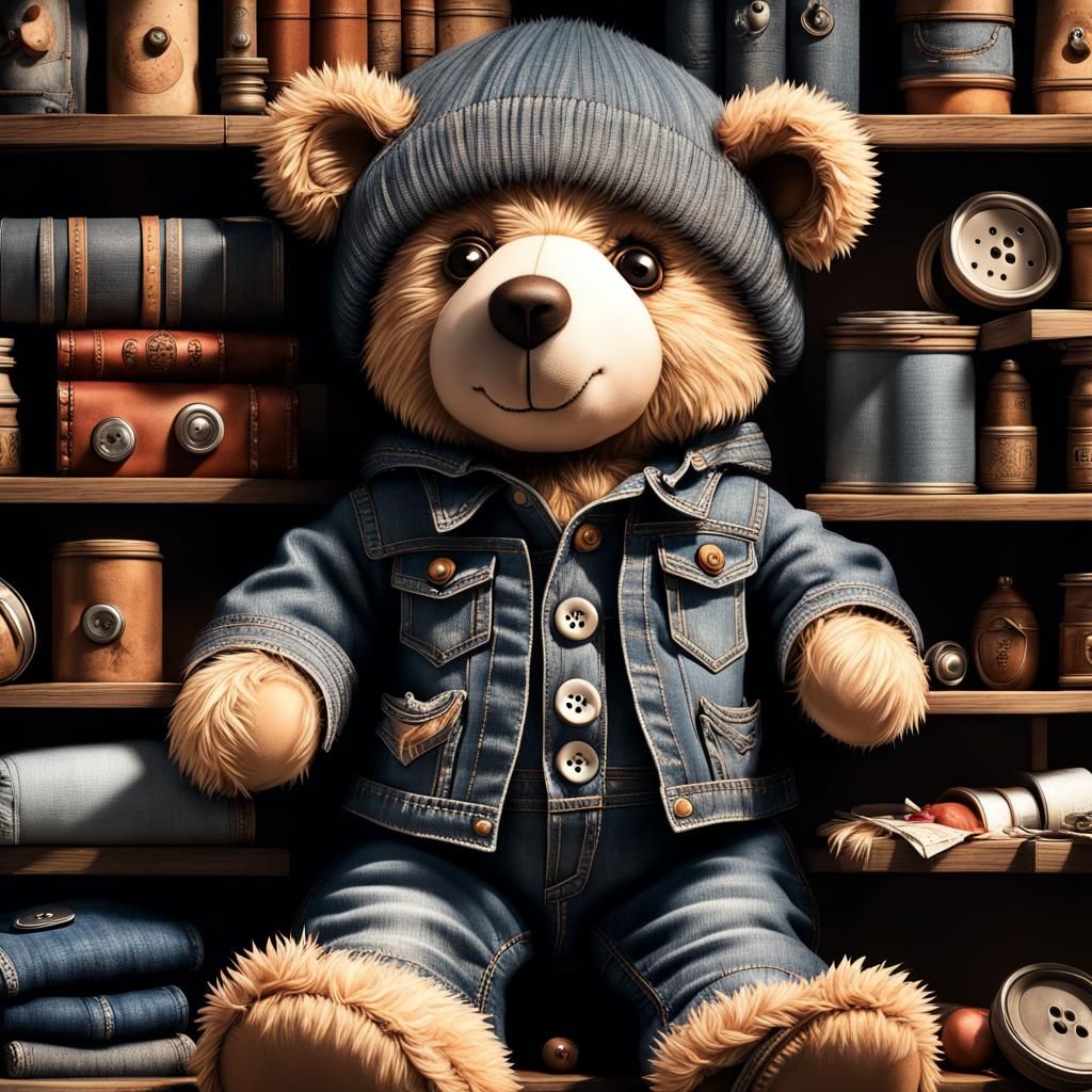 Denim Teddy Bear with Button Eyes in Dark Room