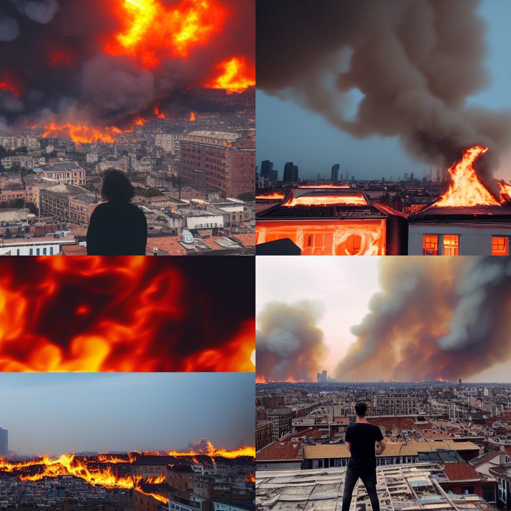 Burning Cityscape Silhouette: Urban Apocalypse
